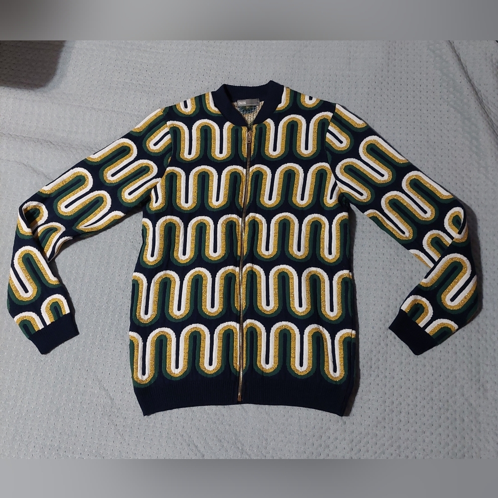 ASOS Navy and Yellow Patterned Men's Zip-Up Sweater